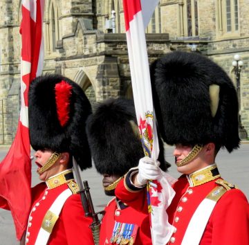 Colorful uniforms of Ceremonial Guard at Ottawa's Parliament Hill Changing of the Guard