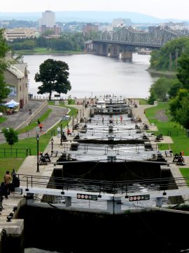 The eight locks at the Rideau Canal have a lift of 79 ft and take 1.5 hours
