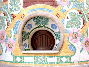 Mosaic tile column at Palau de la Musica in La Ribera district Barcelona