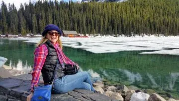 Solo female traveler Susan Moore in Lake Louise AB Canada.