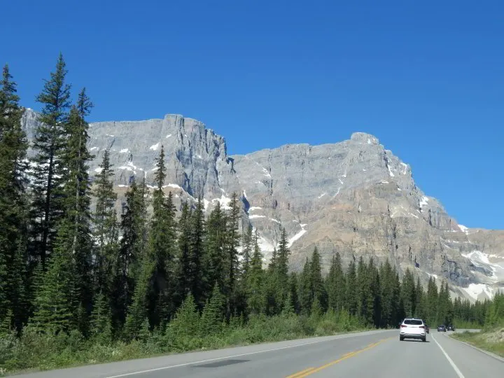 Mountains along the Icefields Parkway scenic roadway in Alberta.