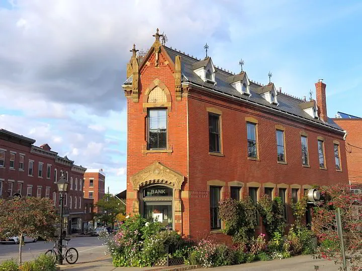 Downtown Belfast Maine old brick buildings.