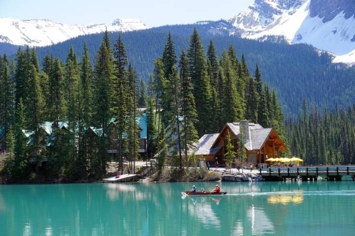 Canoeing on Emerald Lake in front of the Emerald Lake Lodge in BC