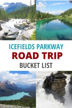 Icefields Parkway Road Trip bucket list, including Mistaya Canyon, Valley of Five Lakes, Peyto Lake, and Athabasca Falls.