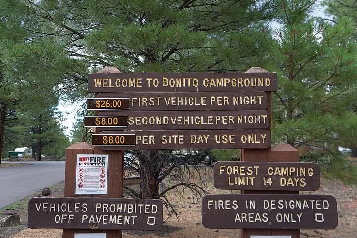 Sunset Crater campground sign with rates