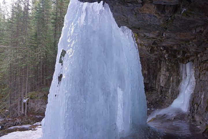 View from behind a frozen waterfall looking out to the forest