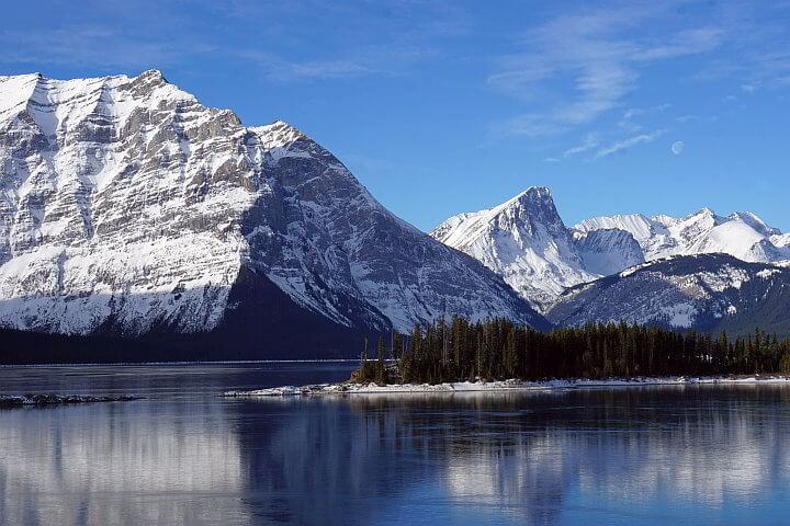 Snow covered peaks in the Rocky Mountains at Upper Kananaskis Lake Alberta