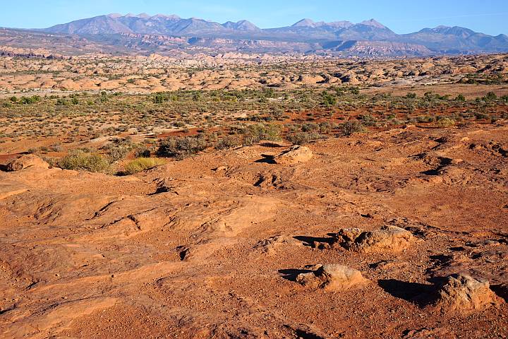 Landscape of red sandstone in foreground with La Sal Mountain range in background.