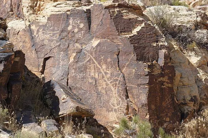 Numerous petroglyphs carved into large rock
