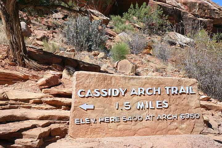 Sign at Cassidy Arch trailhead: Cassidy Arch Trail 1.5 miles - Elevation at sign 5400 ft and at the arch 6350