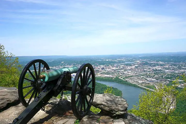 Civil War cannon atop Lookout Mountain with view of Chattanooga