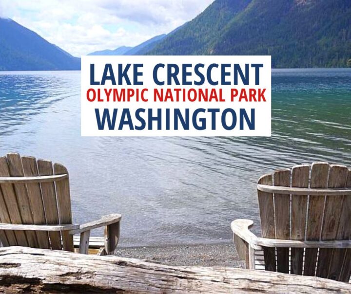 Lake Crescent Olympic National Park Washington, wooden chairs by the lake.
