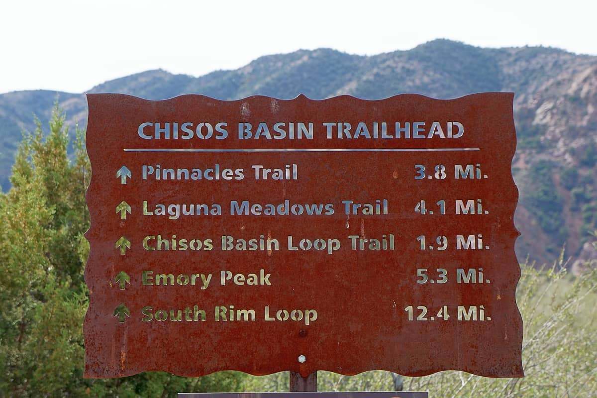 Chisos Basin Trailhead list of hikes and distances.