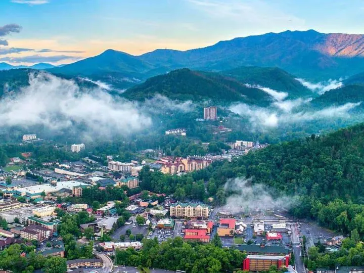 Gatlinburg Tennessee and mountains aerial view.