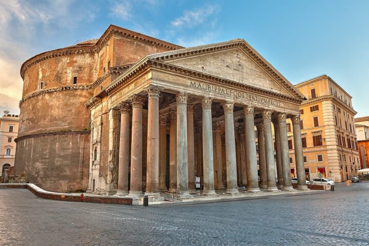 Exterior of the Pantheon in Rome, Italy without any people around it.