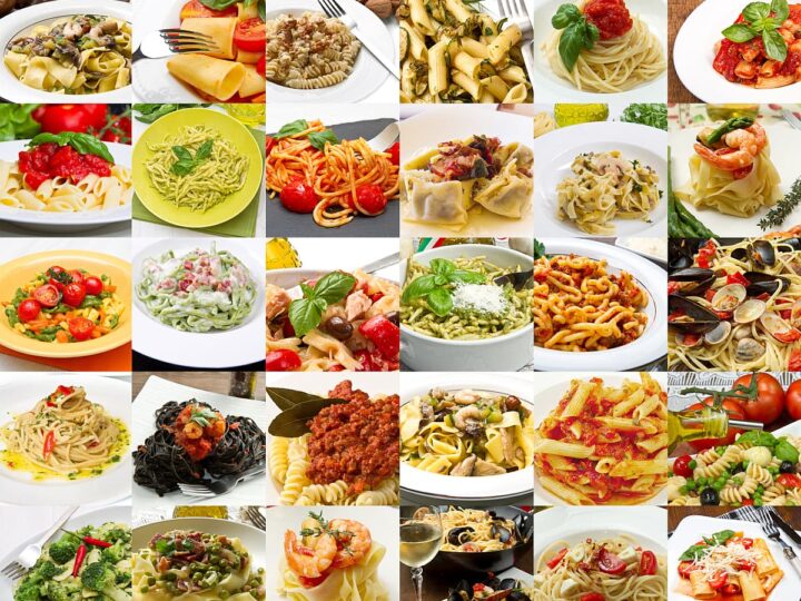 Collage of various types of Italian pasta dishes including Bucatini all’Amatriciana.