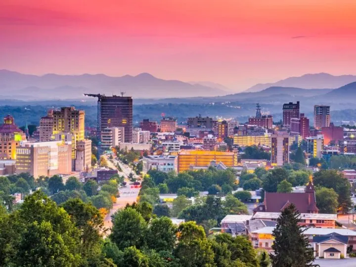 Ashville North Carolina and Blue Ridge Mountains backdrop.