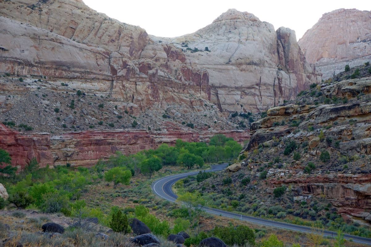 Scenic highway 24 winds through Capitol Reef National Park.