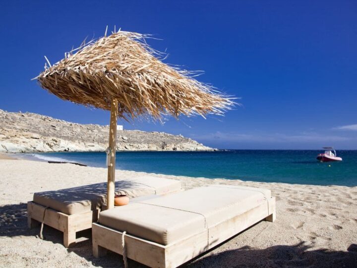 White sand beaches are plentiful on Mykonos Island.