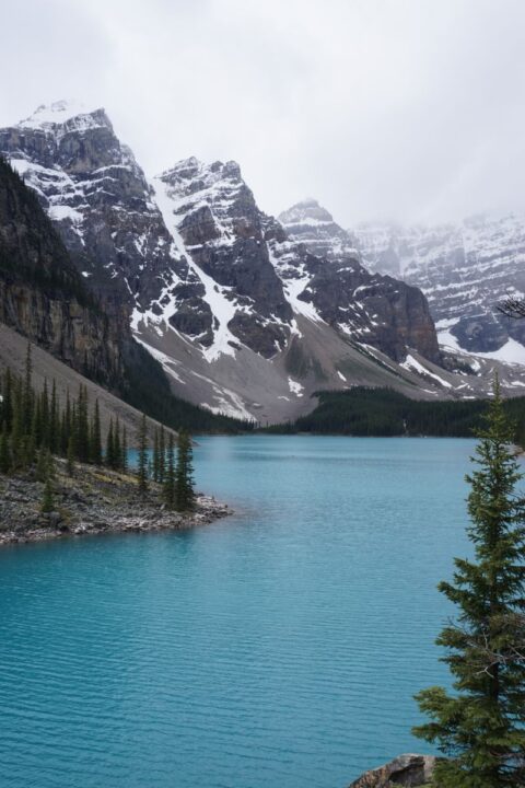 Moraine Lake Banff with snow dusted mountains.