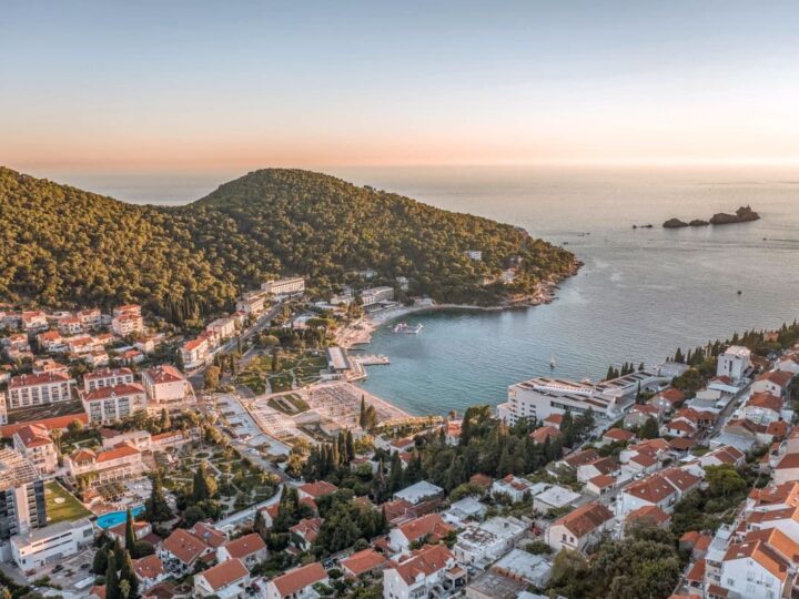 Sunset beach Dubrovnik Croatia aerial view.