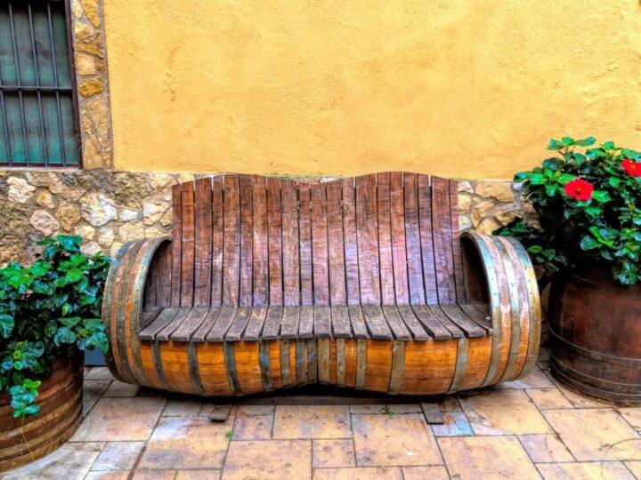 Wine barrel bench in Priorat Spain.
