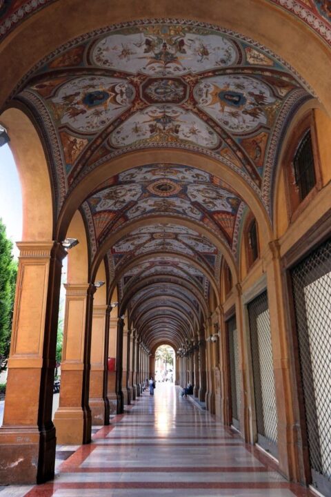 Porticoes with painted ceilings in Bologna Italy.