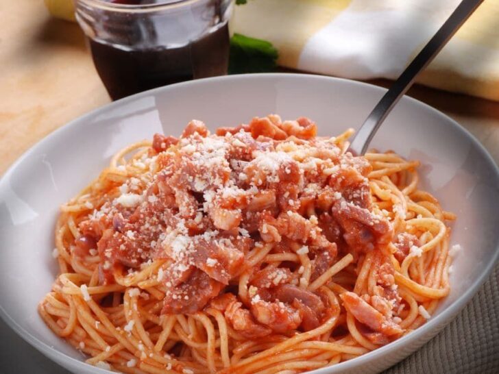 Bucatini Amatriciana with red wine.