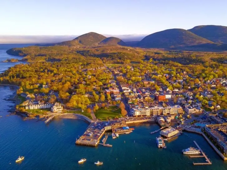 Bar Harbor Maine summer aerial view.