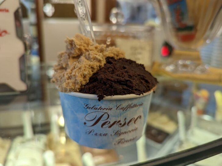 Dark chocolate and coffee flavor gelato in a cup with a small plastic spoon inserted in the gelato.