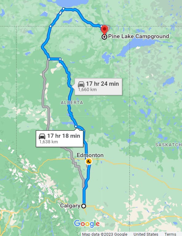 Google Maps with 17+ hour driving route from Calgary to Pine Lake Campground in Wood Buffalo National Park.