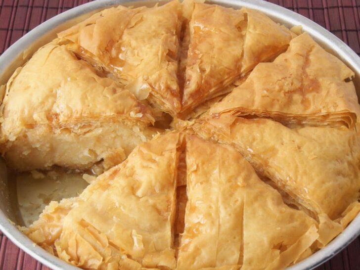 Greek dessert galaktoboureko in a pan.