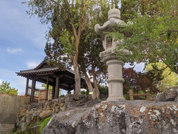Pagoda and Japanese lantern at the Japanese Friendship Garden in Idaho Falls.