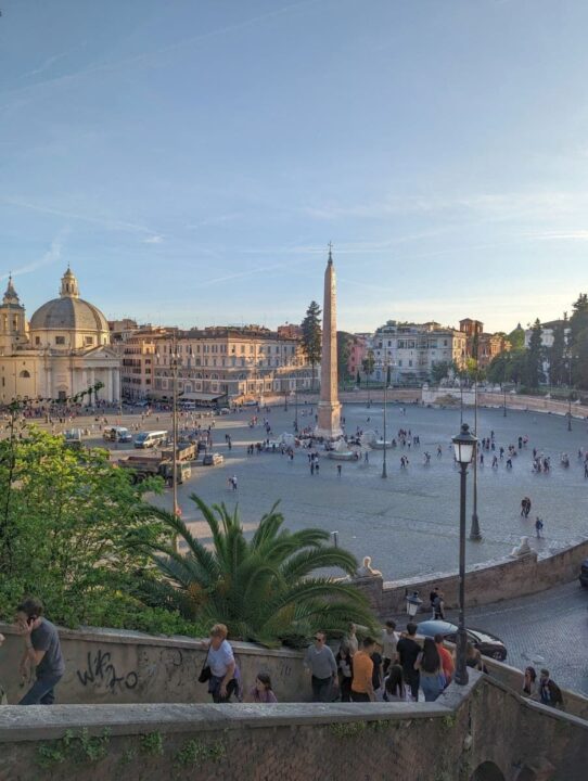 Panoramic view of Piazza del Popolo in Rome as seen from Terrazza del Pincio.