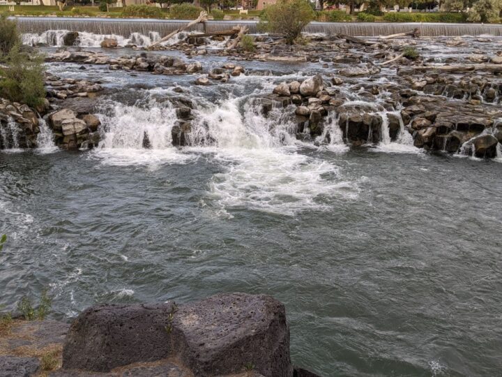 Small waterfalls on the Snake River in the city of Idaho Falls.