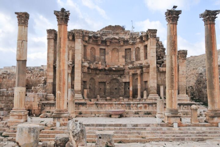 Jerash ruins Nymphaeum Roman ornamental fountain.