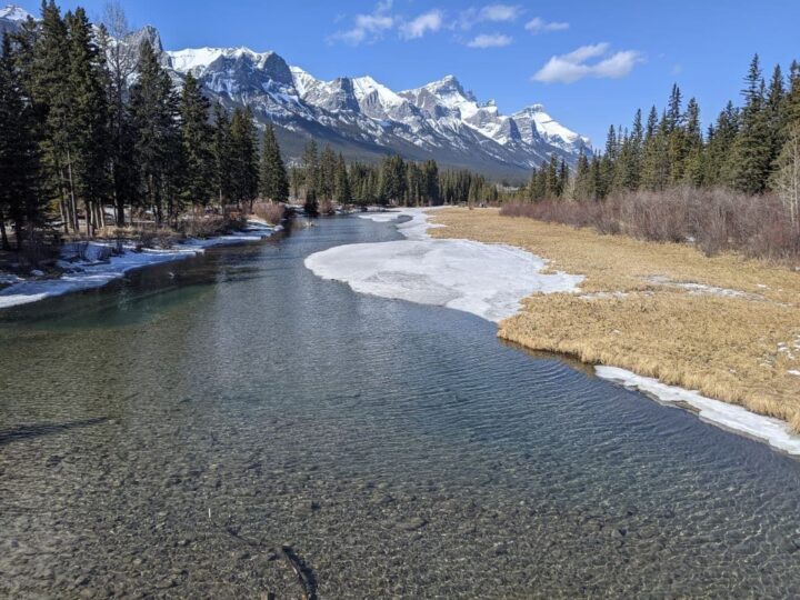 Bow River and snow capped Rocky Mountains in Canmore Alberta in spring.