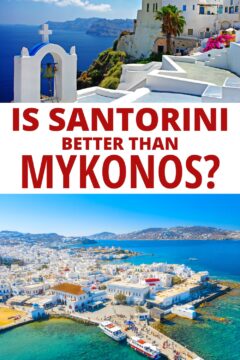 Is Santorini better than Mykonos? White buildings on coast of Santorini, and aerial view of Mykonos.