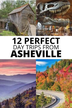 12 Perfect day trips from Asheville, including Cades Cove Smoky Mountains, Elijah Mountain Gem Store, Smoky Mountains sunset, and Blue Ridge Parkway scenic drive.