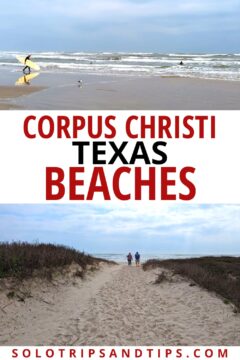 Corpus Christi Texas Beaches, surfers at North Packery Beach, and a couple walking on Malaquite Beach.