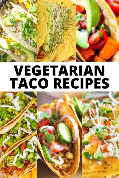 Collage of nopales tacos, bean and pepper tacos, sweet potato tacos, jackfruit tacos, tofu tacos, potato tacos, text: Vegetarian taco recipes.