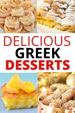 Collage of 4 Greek pastry and cake desserts; text: Delicious Greek desserts.