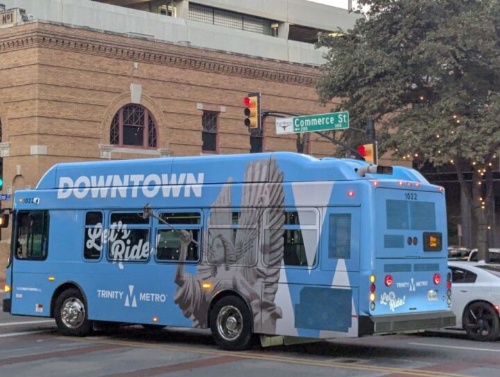 Fort Worth downtown Blue Line bus on Commerce Street.