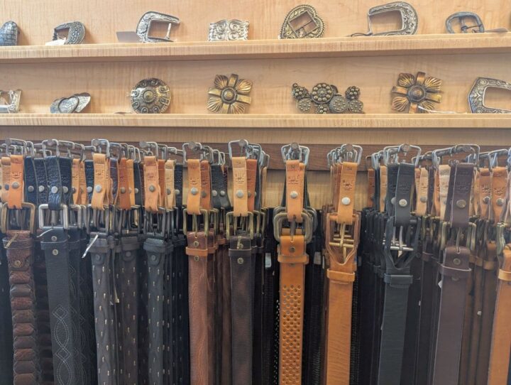 Belt buckles and leather belts for sale at Fort Worth Stockyards.