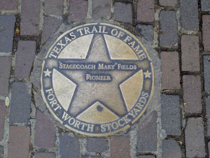 Texas Trail of Fame bronze marker for Stagecoach Mary Fields at Fort Worth Stockyards.