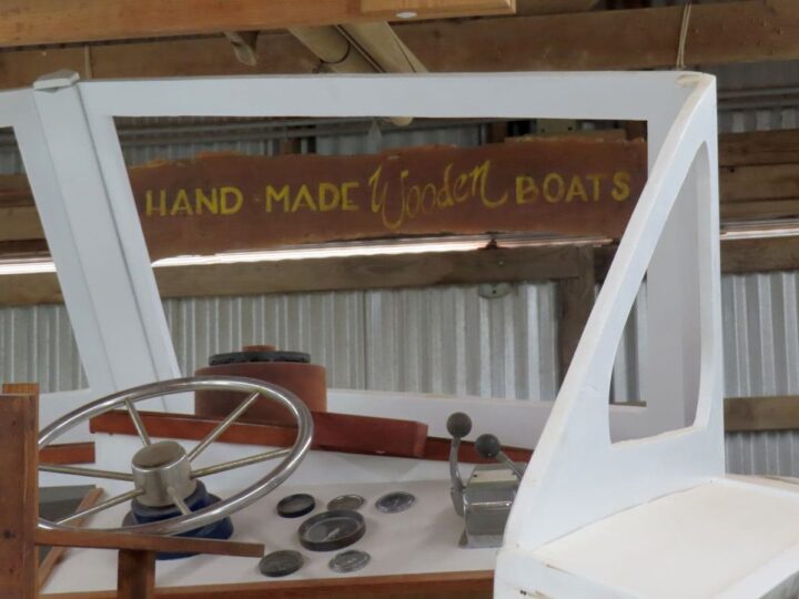 Inside Farley Boat Works with sign "Hand Made Wooden Boats".