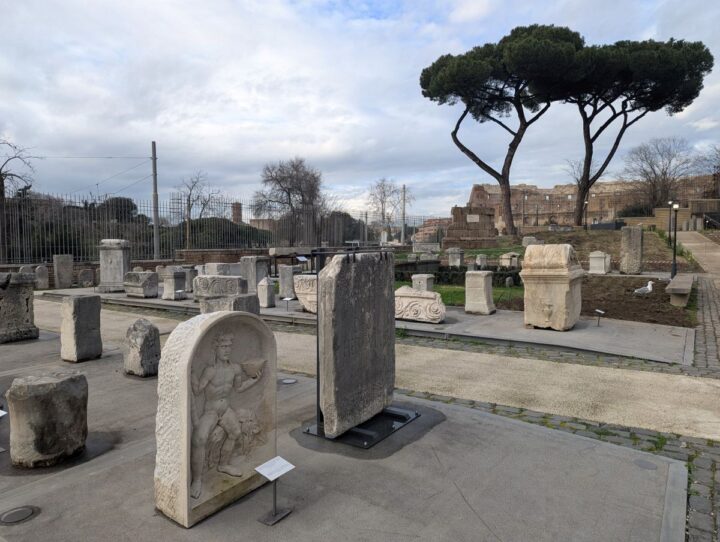 Marble sculptures and fragments at Celio Archaeological Park in Rome.