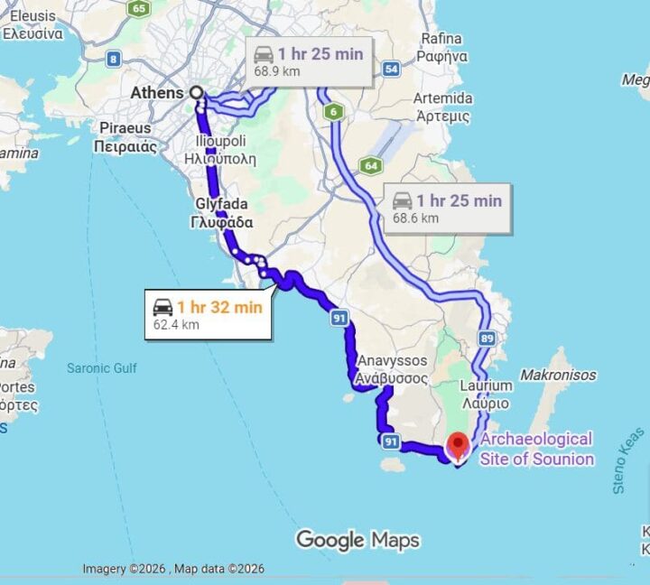 Google Maps with Athens to Temple of Poseidon driving routes marked in blue showing both the coastal and the inland route.