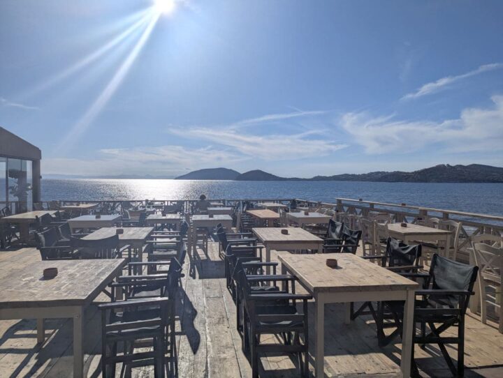 Taverna with outdoor tables along the Athenian Riviera.