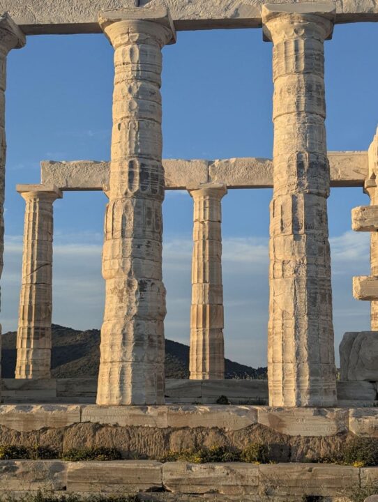 Four columns of the Temple of Poseidon at Cape Sounion Greece.